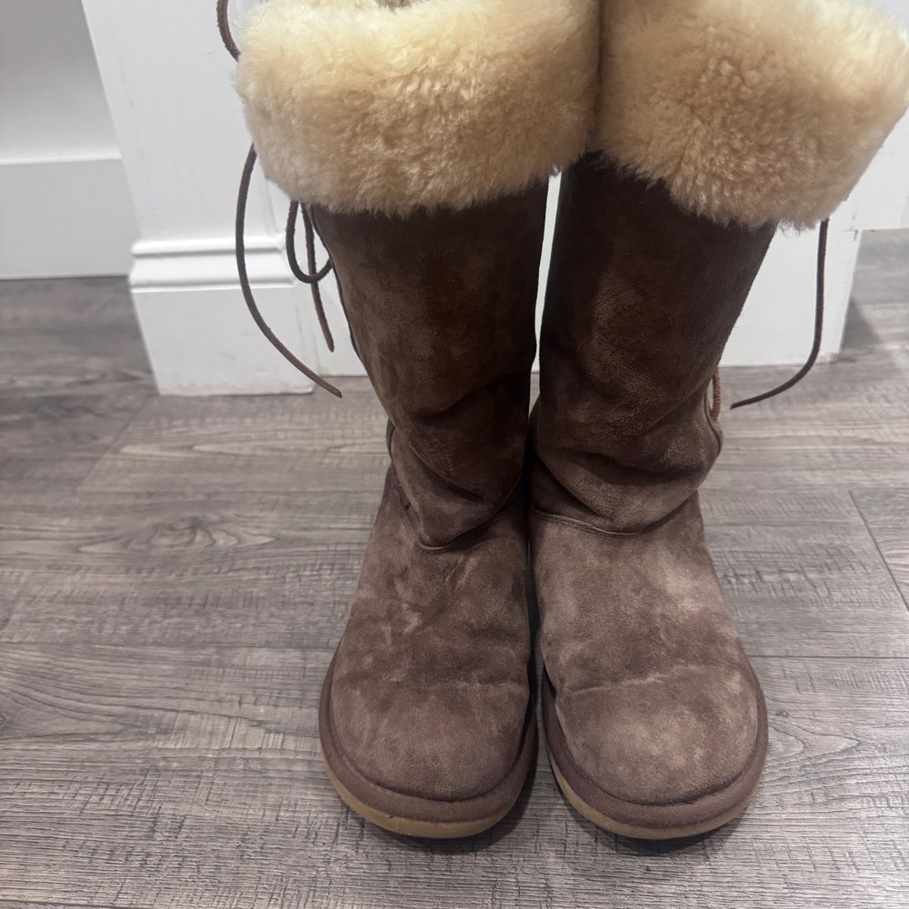 UGG Australia Sunburst Tall Brown Suede Lace Up Sheepskin Boots 5163 Womens 6